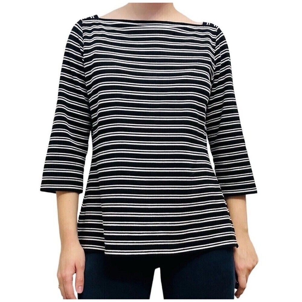 St. John Knit Shirt Top Black White Striped Minimalist Fall 3/4 Sleeve P